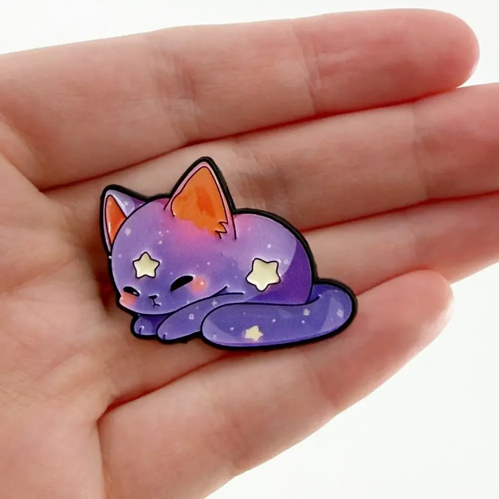 Purple Kawaii Rainbow Galaxy Sleeping Cat Enamel Pin